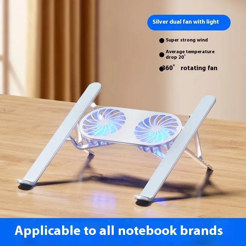 Silver aluminium laptop cooling stand with twin fans in folded position beside laptop