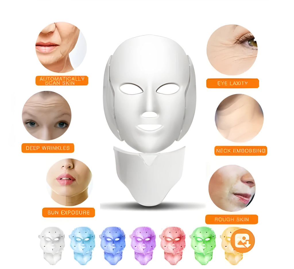 White LED light therapy face mask with opaque eye protection, remote control, and neck care section on a flat surface