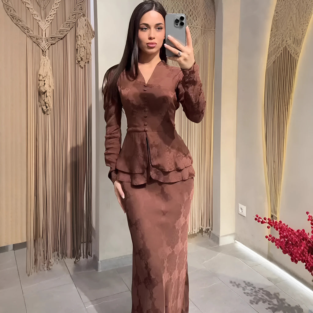 Dark brown artistic retro long sleeve dress with floral pattern and button details