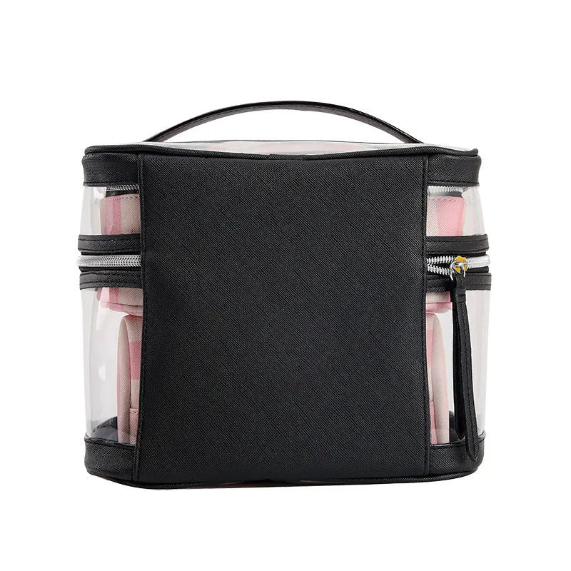 Pink bold stripes and floral pattern synthetic leather makeup buggy bag with waterproof lining.