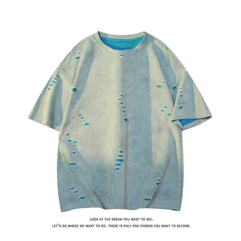 Men's loose fit cotton blend ripped short sleeve pullover in blue casual t-shirt style