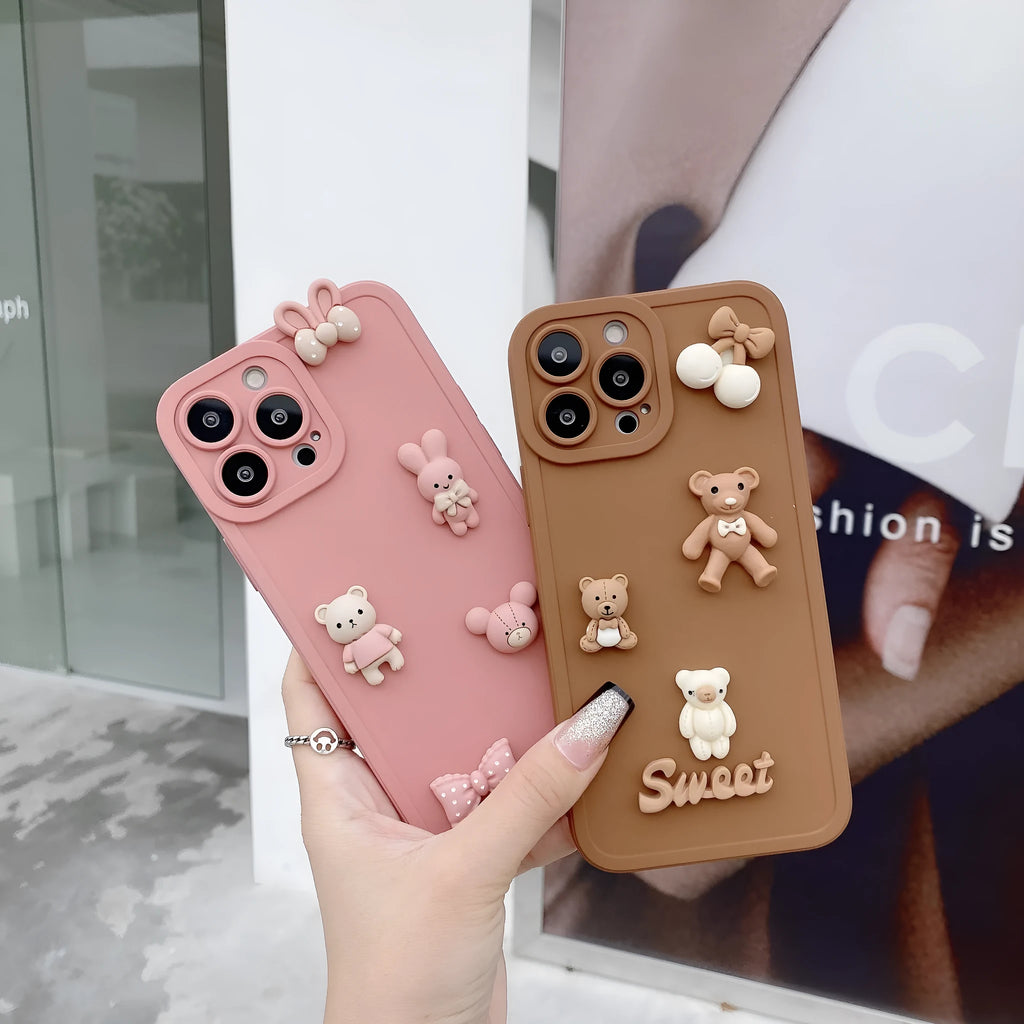 Angel Eyes TPU phone case for iPhone 13 in caramel colour with three-dimensional bear design