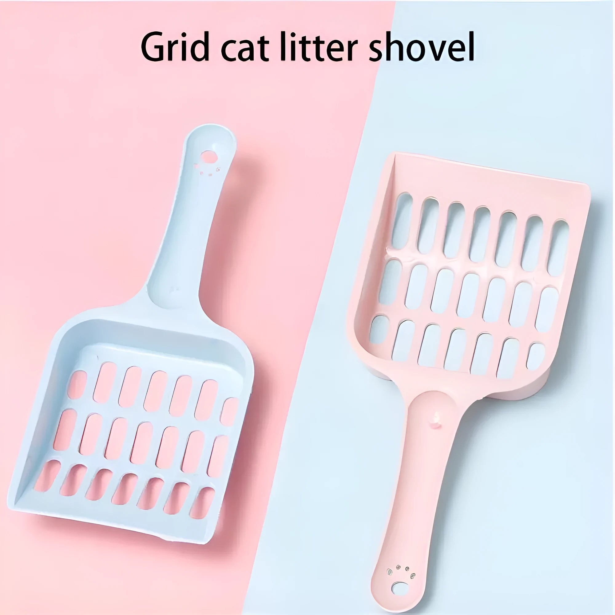Plastic cat litter scoop in blue, green or pink measuring 20cm long by 9cm wide