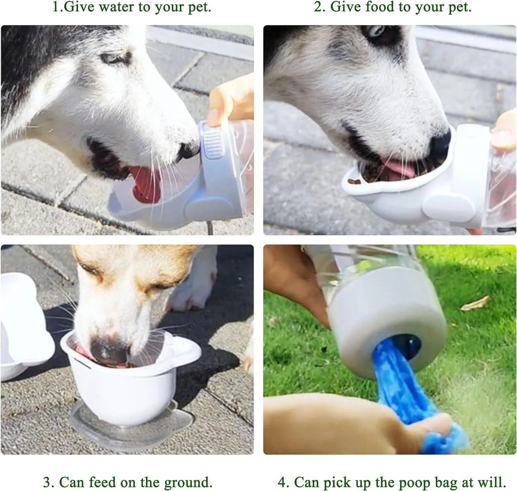 Green 3-in-1 portable pet water bottle with water dispenser, food container, and garbage bag compartment