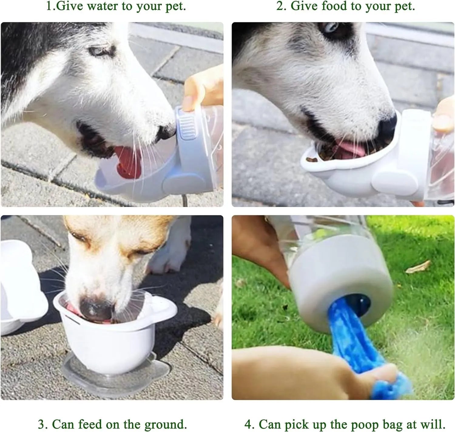 Green 3-in-1 portable pet water bottle with water dispenser, food container, and garbage bag compartment