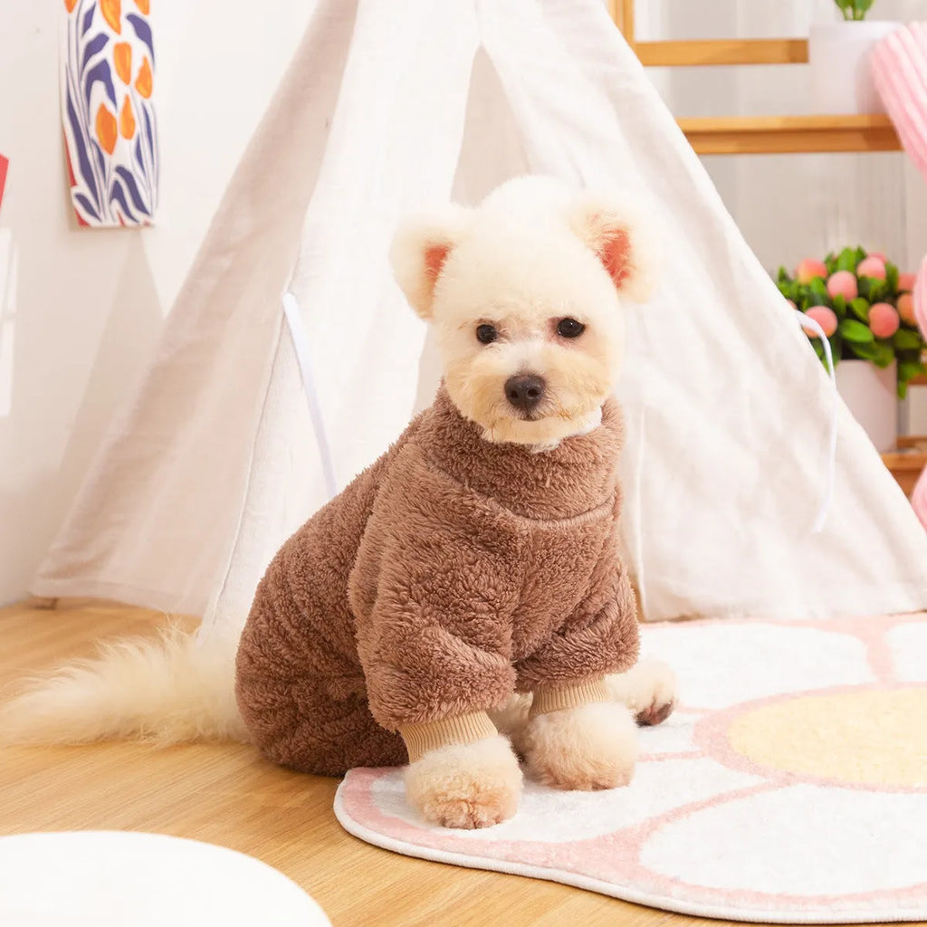 Four-legged dog clothing with double-sided plush fleece, high collar, and towing ring in blue colour