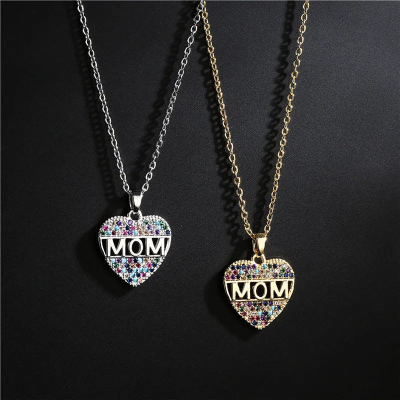 Copper MOM heart pendant necklace with micro inlay on adjustable chain