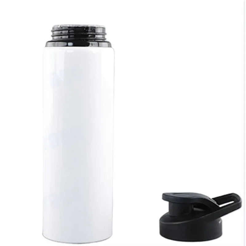 White aluminium sports water bottle shown in 600ml and 750ml capacity options.
