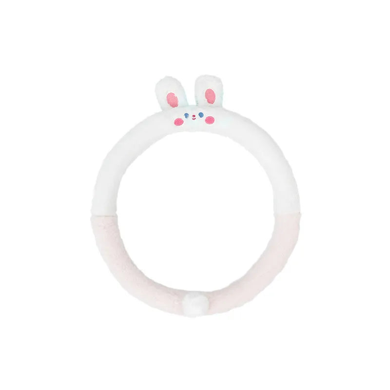 Plush cartoon animal embroidered steering wheel cover for winter, shown fitting a 38cm car steering wheel.