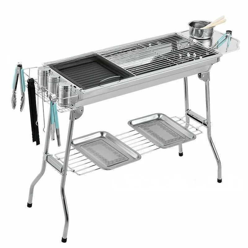 Stainless steel portable folding barbecue grill with large cooking area for outdoor use