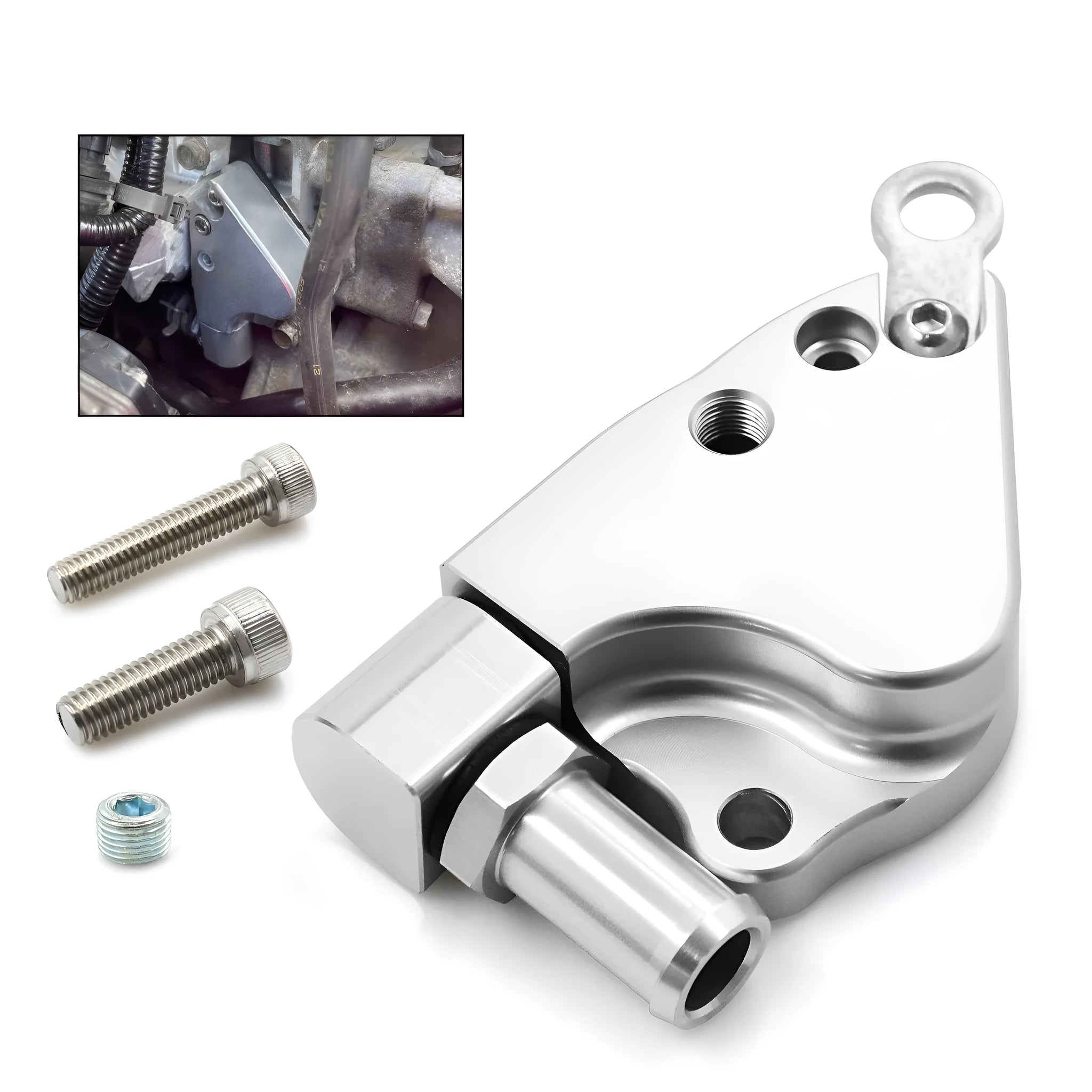 Aluminium intake manifold coolant adapter for K20 K24 engine series with dimensions 145mm x 105mm x 35mm