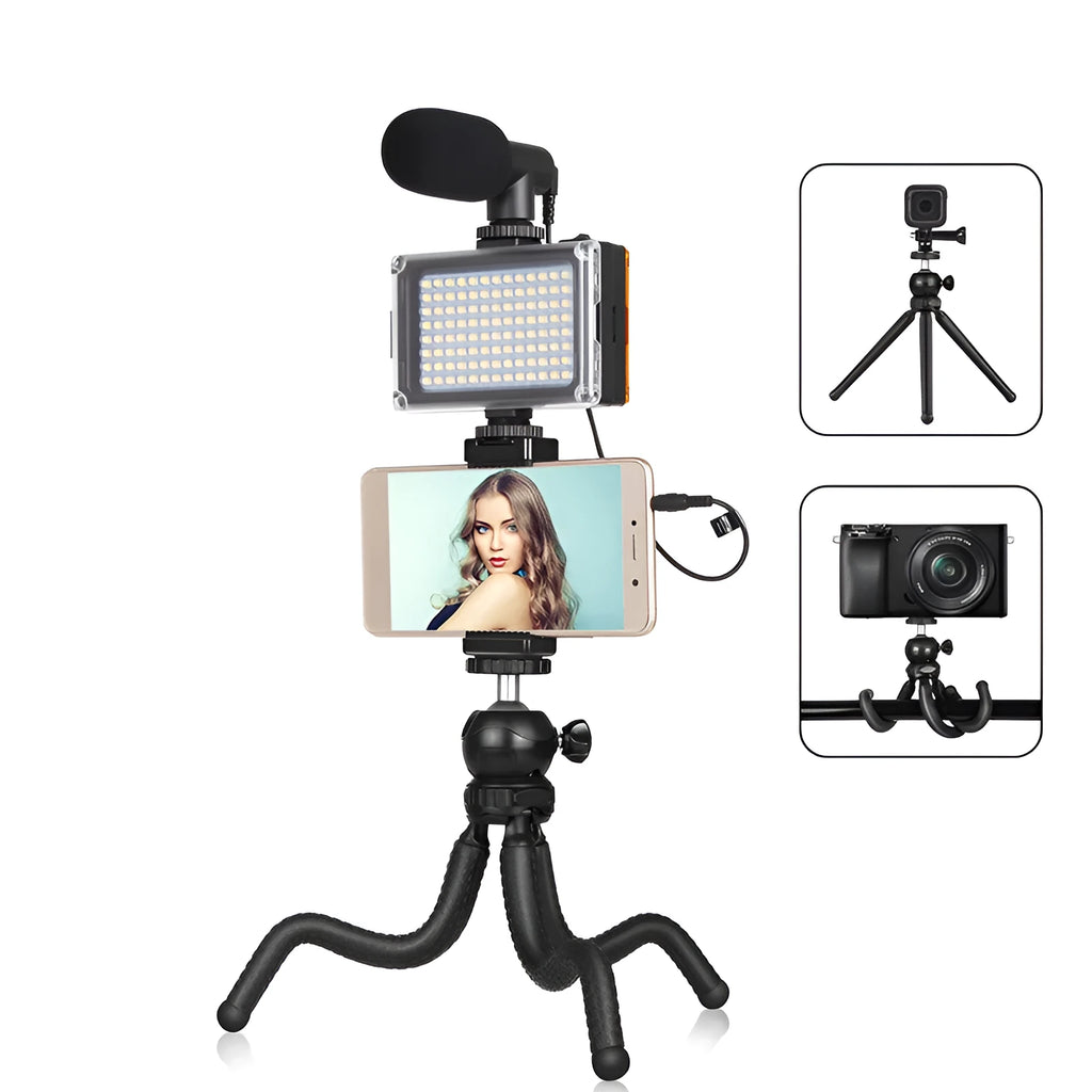 Black octopus tripod kit with flexible legs, fill light, and microphone for iPhone live streaming