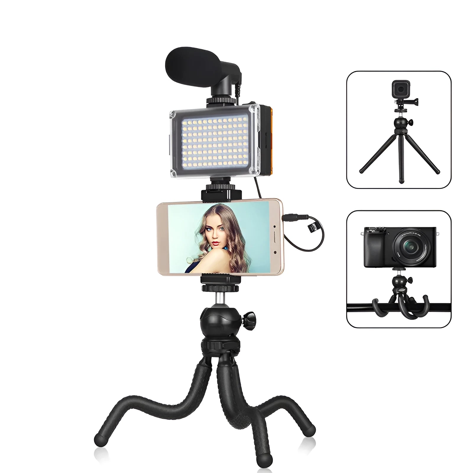 Black octopus tripod kit with flexible legs, fill light, and microphone for iPhone live streaming