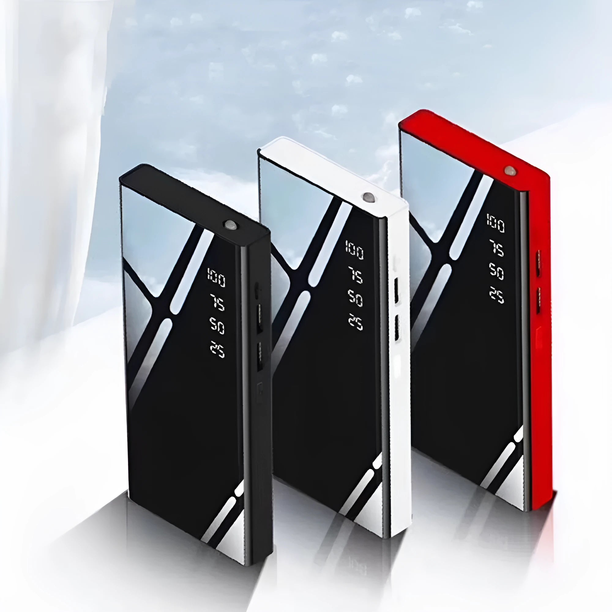 Black 20000mAh power bank with LCD percentage display showing dual USB output ports