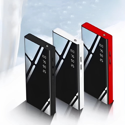 Black 20000mAh power bank with LCD percentage display showing dual USB output ports