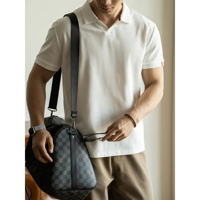 American-style short-sleeved polo shirt in blue black and white cotton blend fabric