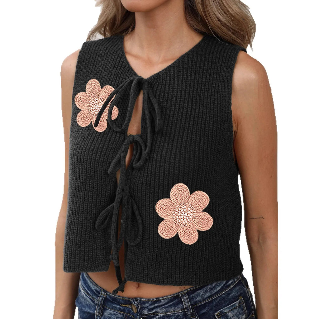 Ladies sleeveless cardigan vest with lace-up bow detail and floral embroidery