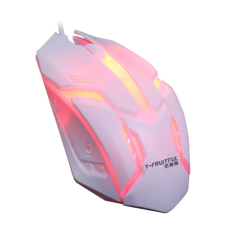 Wired USB mouse with luminous effect in black or white colours, showing 1600 DPI resolution and 1.3m cable