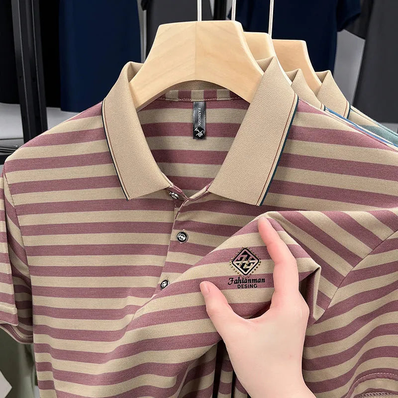 Men's striped short sleeve casual shirt in polyester with mosaic pattern, available in red, blue and green colours