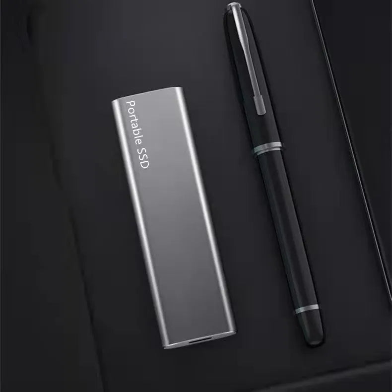 Ultra-thin metal external SSD hard drive in red, black, blue, or silver colour options.