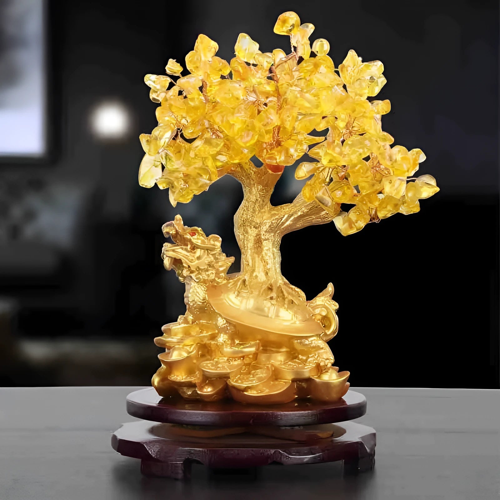 Citrine-coloured resin ornament of a Chinese-style small water turtle money tree.