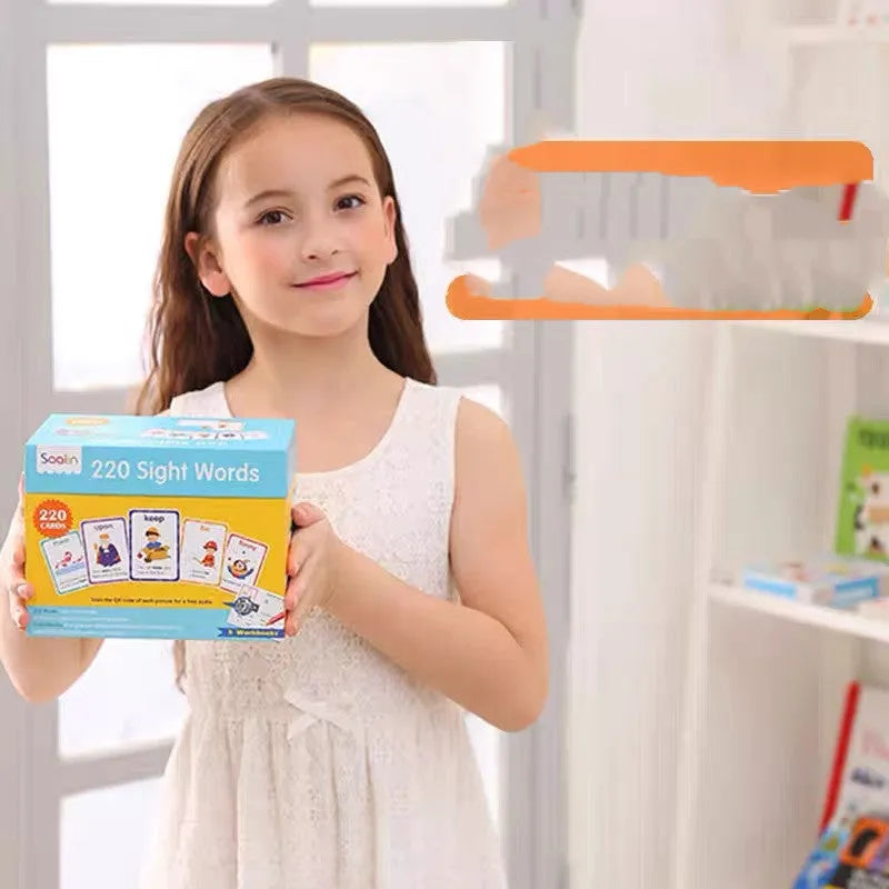 Early learning set showing stack of 220 high-frequency word flash cards and five phonics workbooks for children aged 3+.
