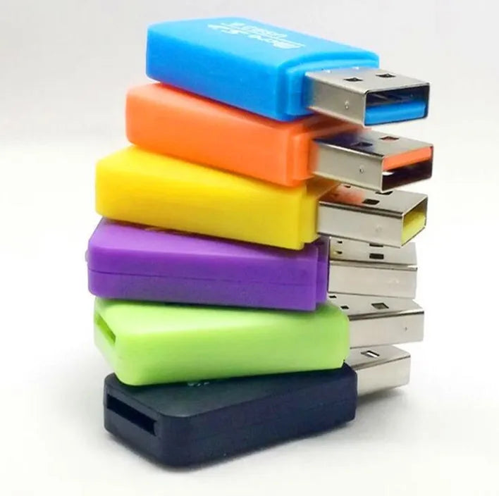 Mini USB TF memory card reader with SD card transfer adapter on a white background