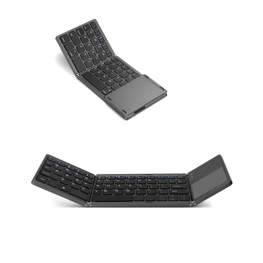 Tri-fold Bluetooth keyboard in black showing folded 0.8cm thickness next to unfolded 30.2cm typing surface