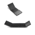 Tri-fold Bluetooth keyboard in black showing folded 0.8cm thickness next to unfolded 30.2cm typing surface