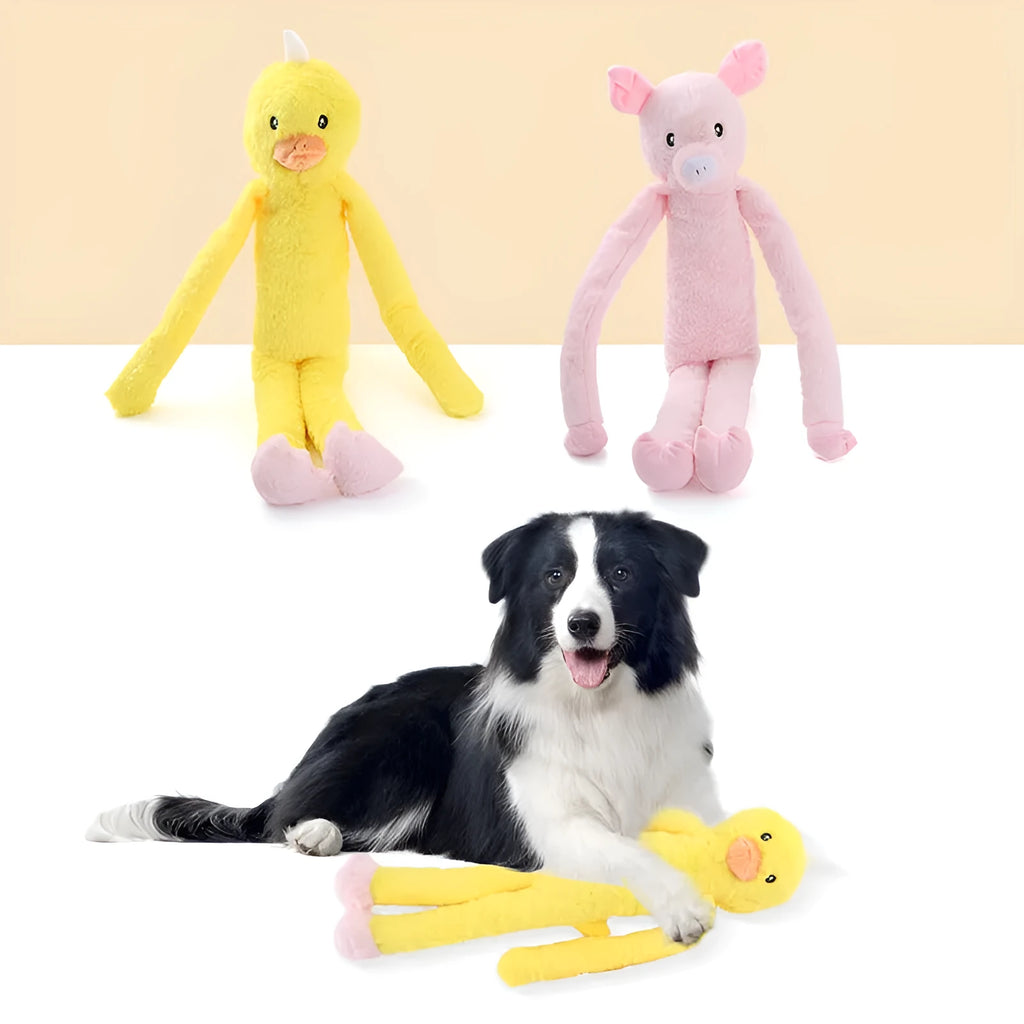 Large pink and yellow plush dog toy with sounding rattle, crinkle paper and chewing texture features