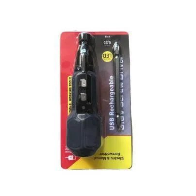 Black and blue alloy steel straight-handle cordless electric screwdriver on a workbench.