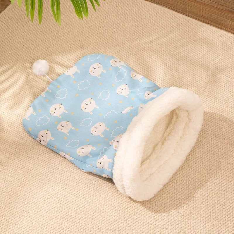 Flannel cat sleeping bag nest pet bed in blue rabbit design measuring 50 x 40 cm