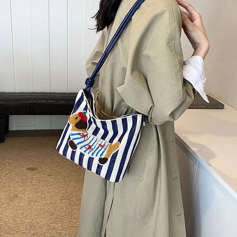 New Cartoon Sausage Dog Bucket Bag Autumn Texture Soft Polyester Crossbody Bag with Sewing Thread Detail Street Trend Shoulder Bag