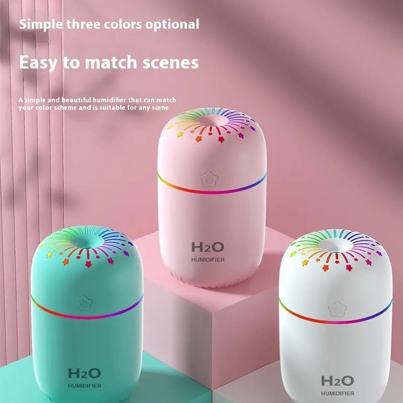 Compact fireworks design USB humidifier in white, pink, or green colours measuring 75x75x116mm