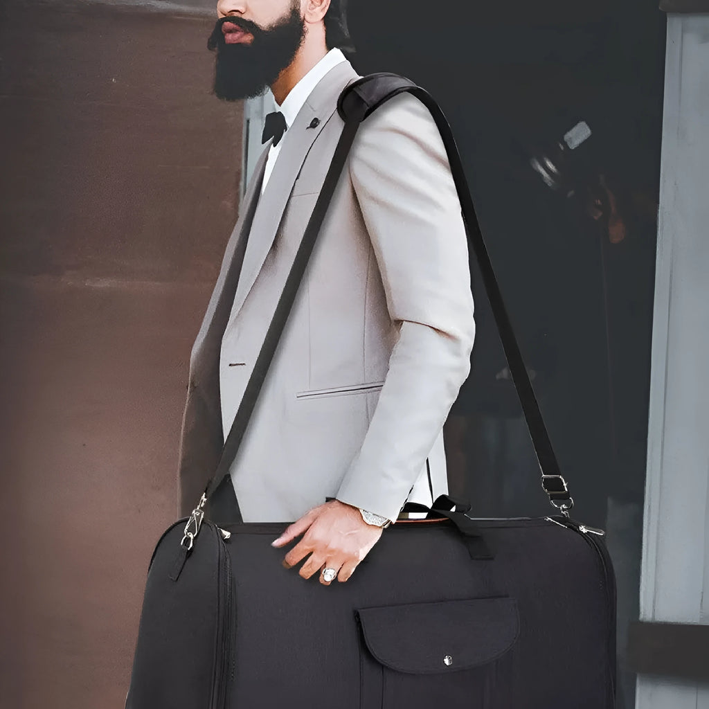 Dark blue folding duffel bag with luggage straps showing 36-55L capacity for business travel