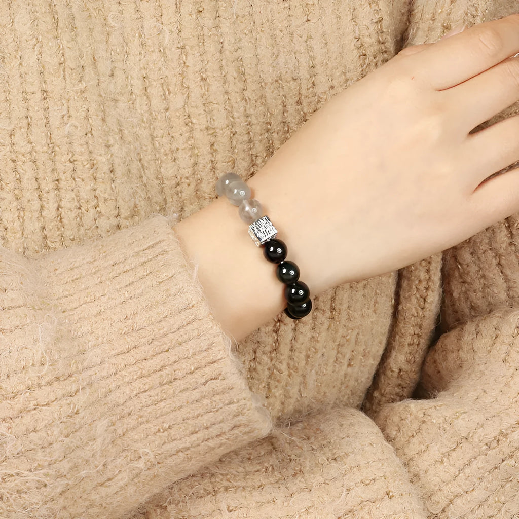 Chinese style geometric crystal couple bracelet in khaki, 10mm size, polished finish.