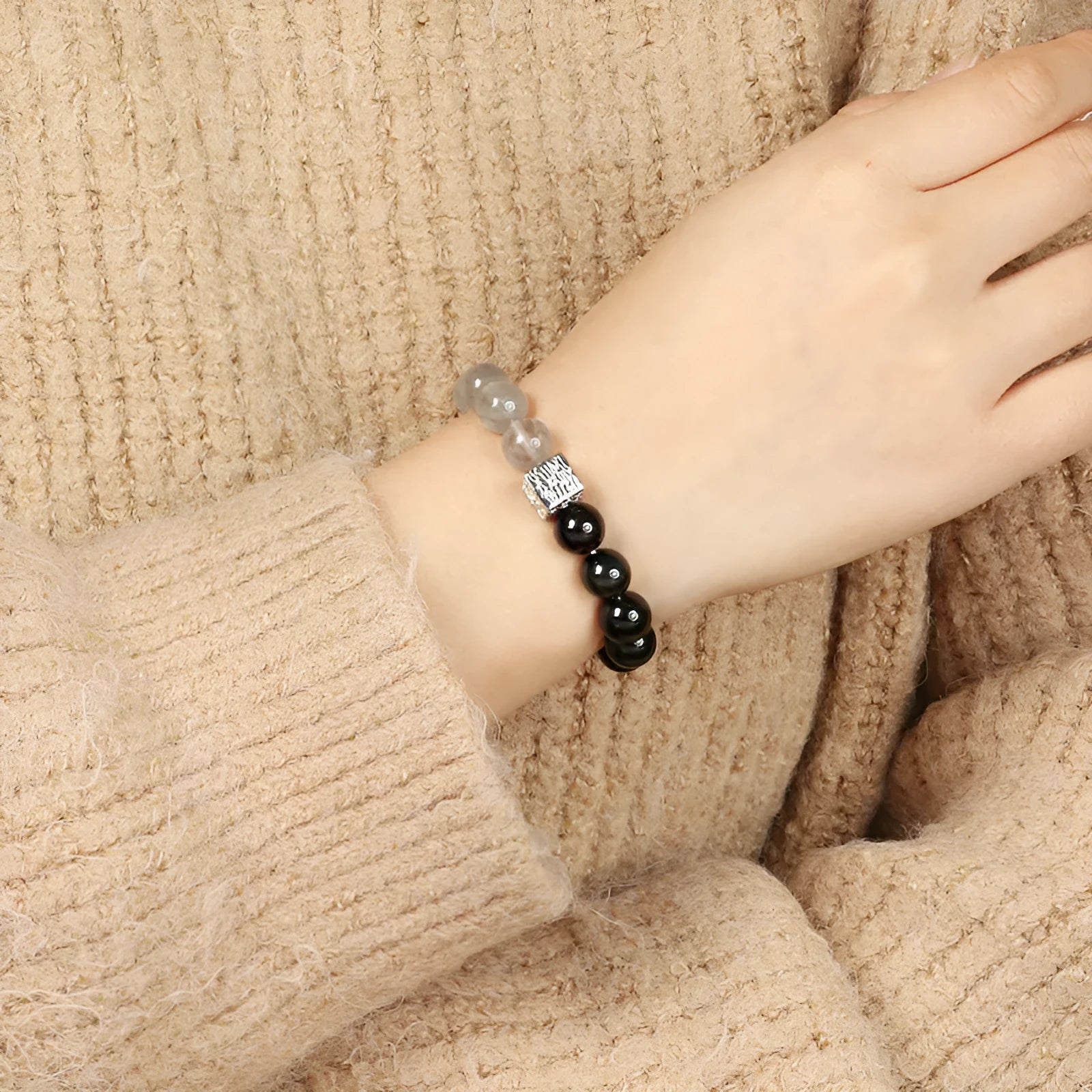 Chinese style geometric crystal couple bracelet in khaki, 10mm size, polished finish.