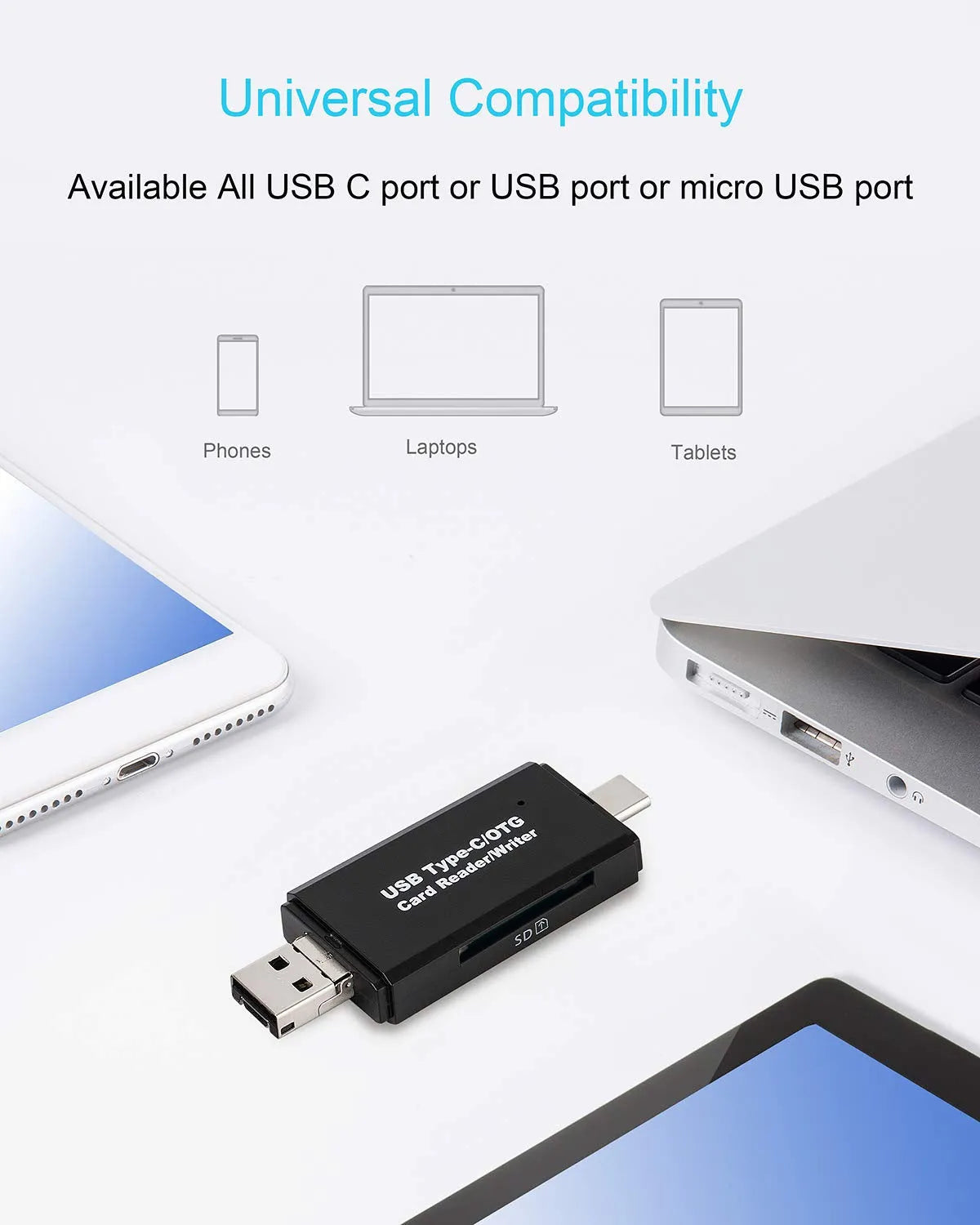 Black USB 3.0 memory card reader for SD and TF cards with a Type-C connector