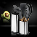 Stainless steel kitchen tool holder with storage bucket and optional cutting board in black or white