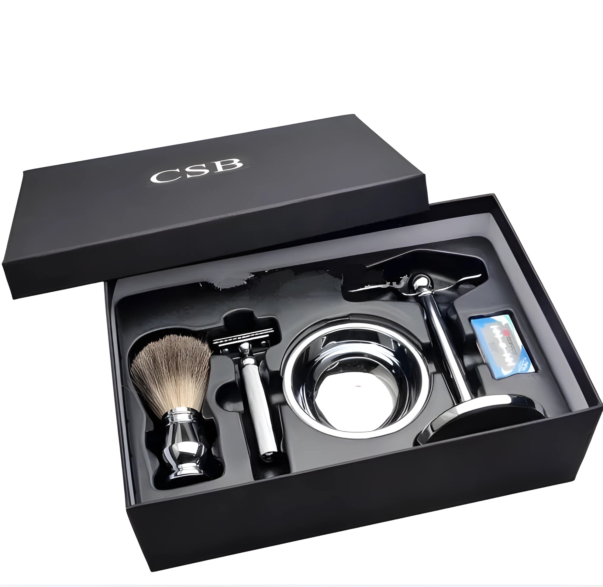 CSB men's shaving set with badger hair brush, double edge razor, chrome stand, soap bowl and blades