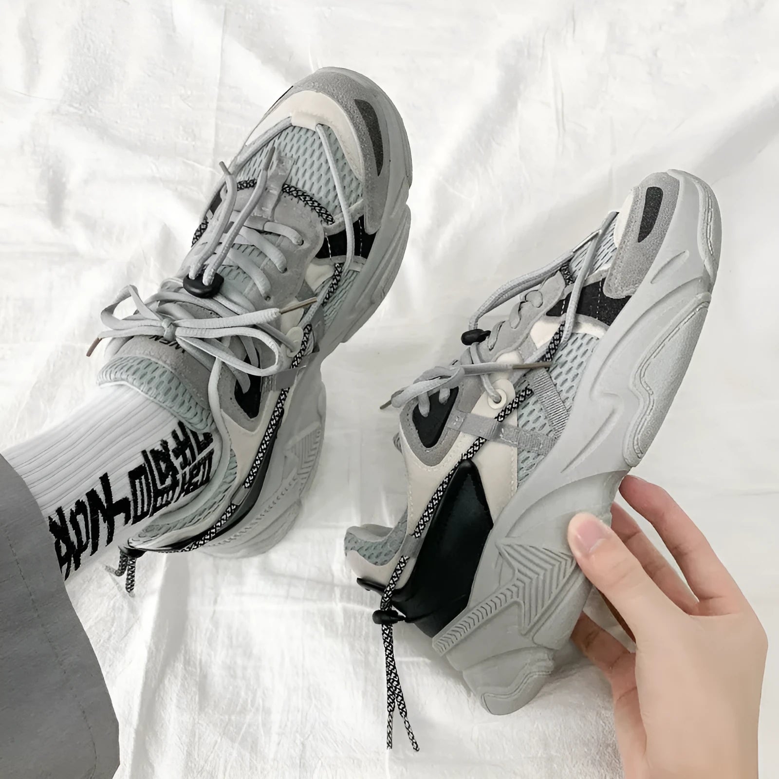 Men's Korean style platform dad shoes with lace-up front and mesh lining in white colour