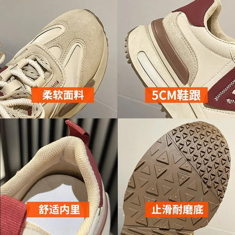 Black and khaki red women's retro platform sports shoes with lace-up front and round toe.