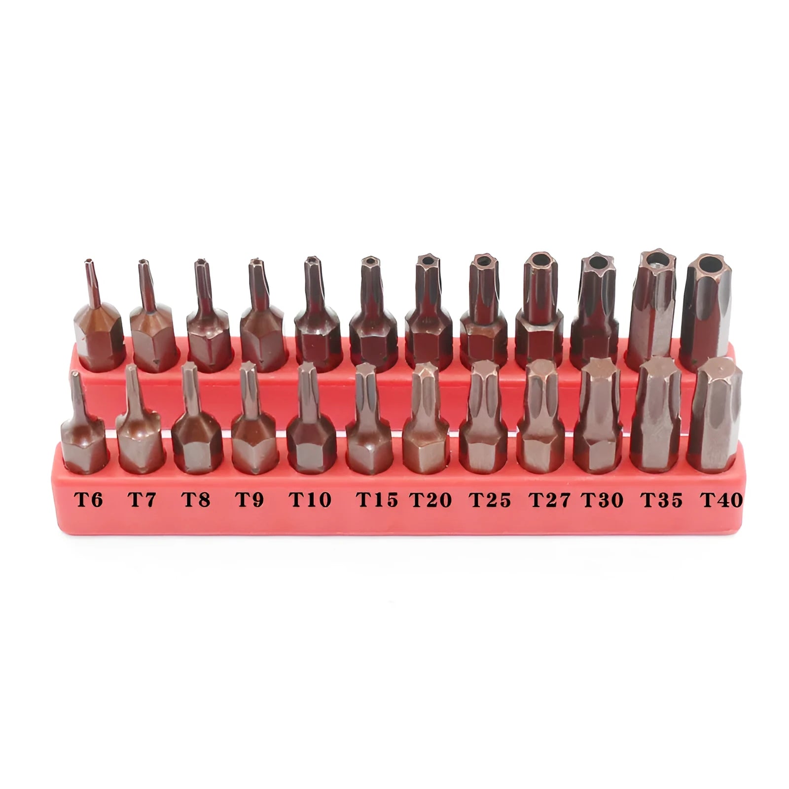 12-piece steel screwdriver bit set T6 to T40 with magnetic tips and black finish