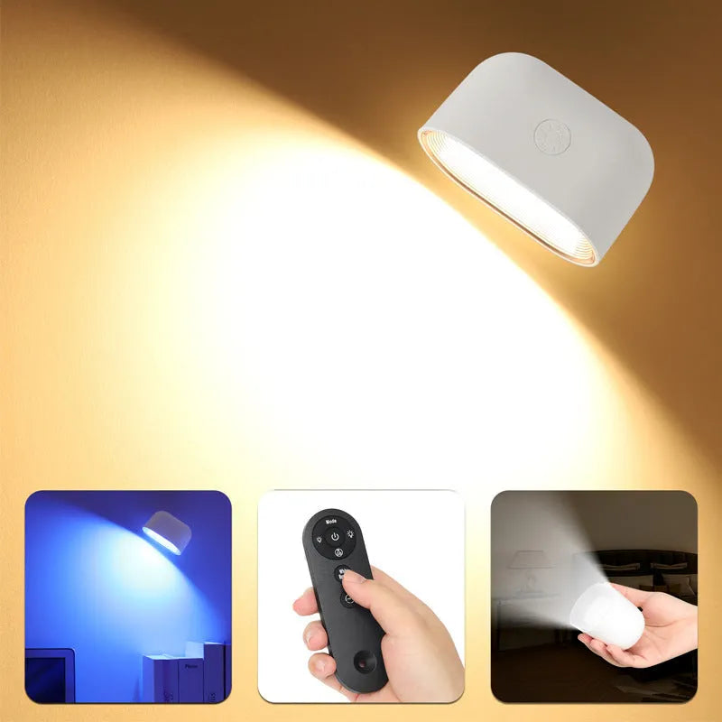 Oval-shaped cordless wall lamp with magnetic rotation and remote control in black or white finish