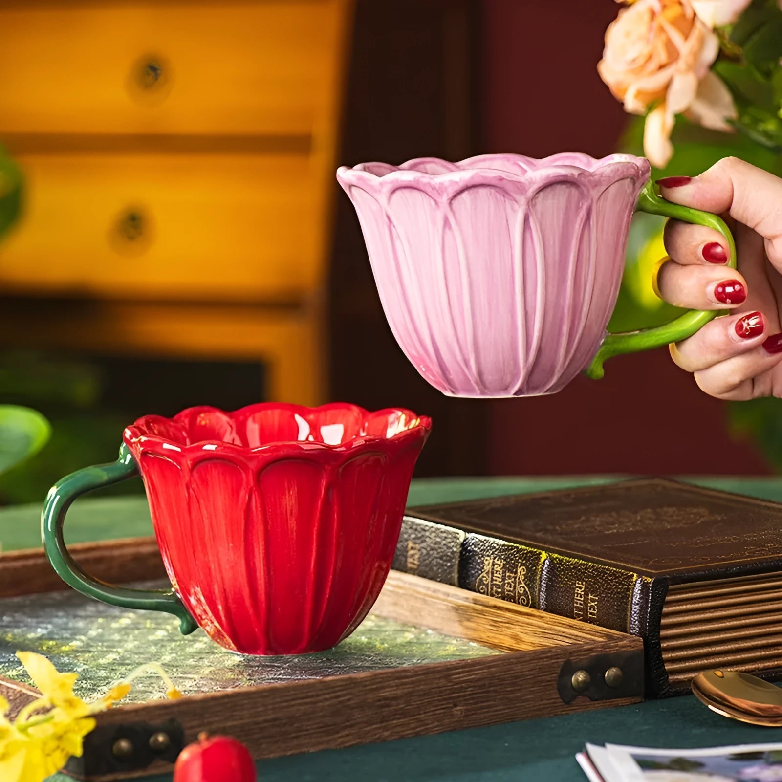 500ml pastoral floral ceramic breakfast cup in red, purple or mixed set
