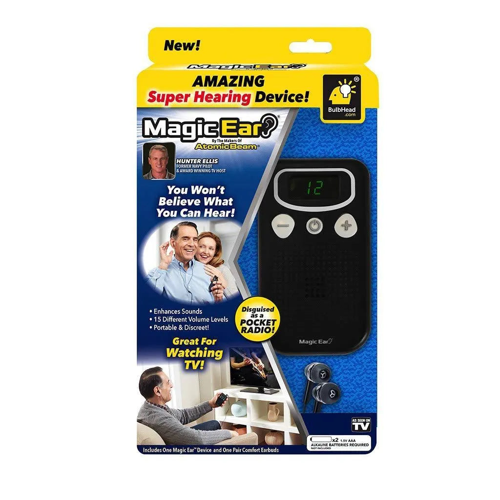 Personal voice enhancer digital hearing aid booster device in brilliant ABS plastic resembling handheld FM radio