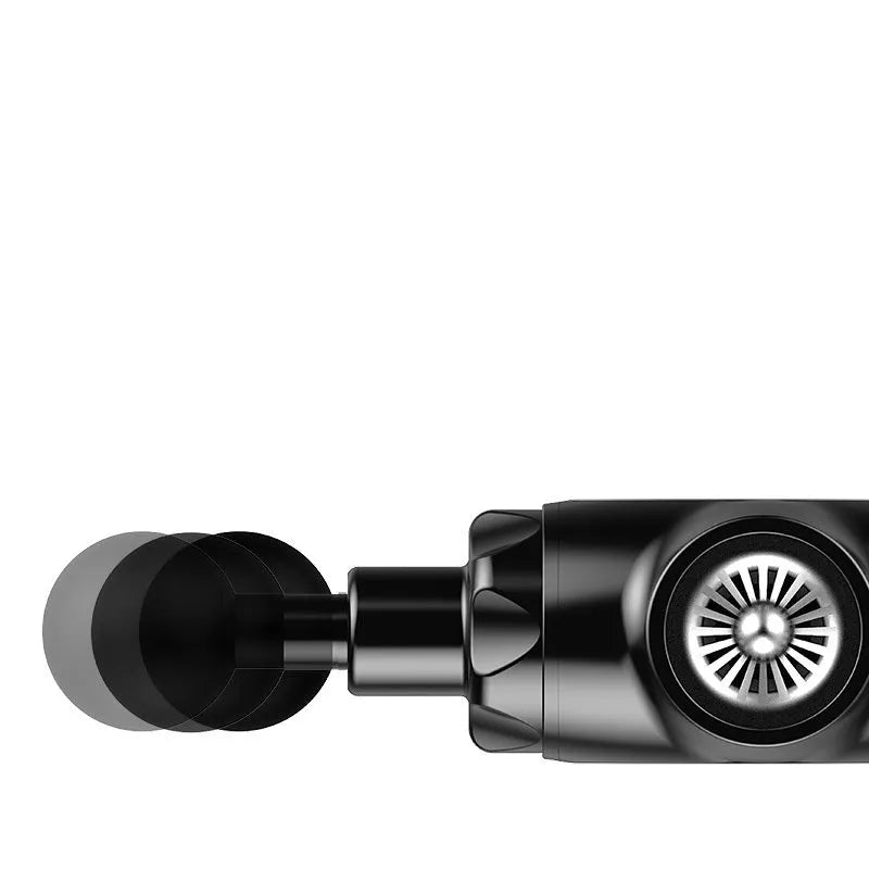 Black and white cordless muscle massage gun with adjustable speed settings