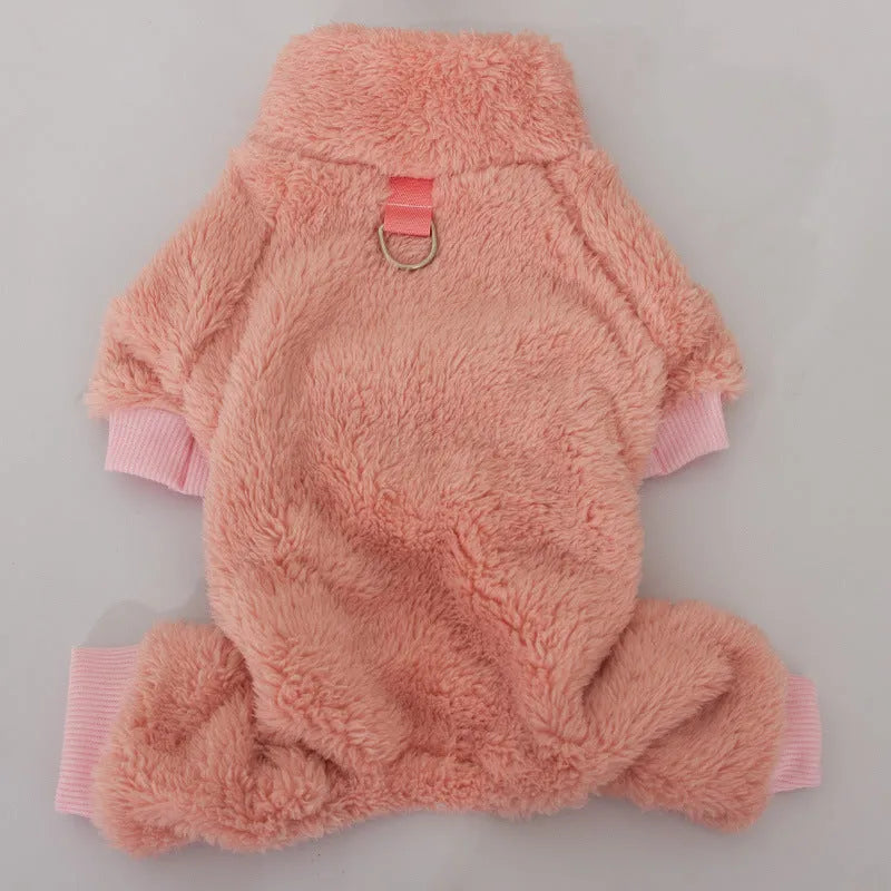 Four-legged dog clothing with double-sided plush fleece, high collar, and towing ring in blue colour