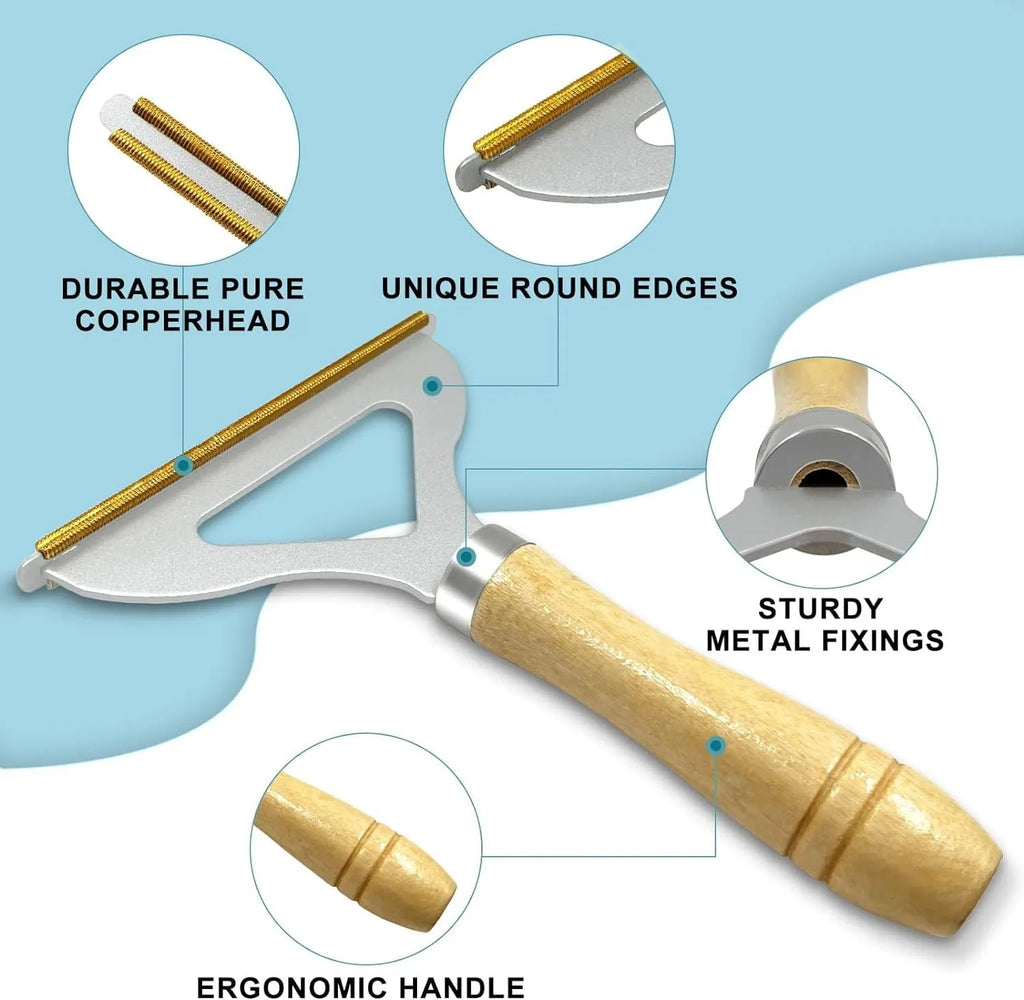 Three-piece pet hair remover set showing metal scraper, silicone brush, and round cleaner for household surfaces