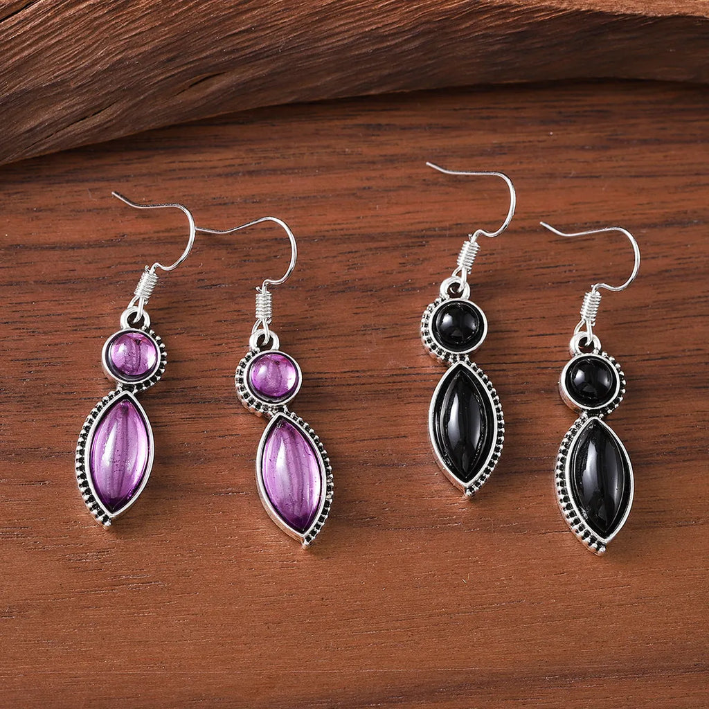 Black and purple geometric vintage gemstone pendant earrings with zinc alloy construction